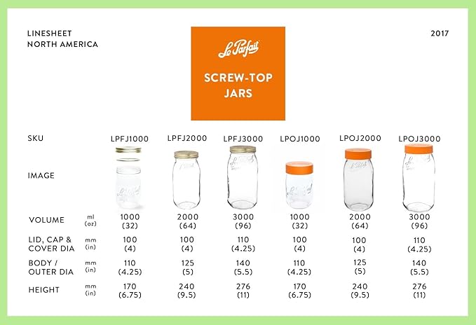 Le Parfait Screw Top Jar Wide Mouth French Glass Jar | Ideal for Food and Soup Storage, Canning, Flour, Brown Sugar, and other Baking Supplies (1L/32oz, Pack of 4, Mint)