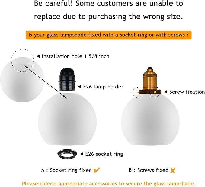 Diameter 9.84 Inch, Height 8.46 Inch,E26 Base 1-5/8 Inch Fitter,Double Hole White Glass Spherical Lampshade For Pendant lLmps And Floor Lamps