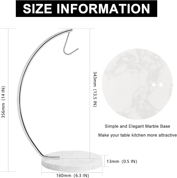 Livabber Banana Holder with Marble Base, Metal Banana Hanger Modern Tree Stand with Hook, Stylish Banana Keeper Fresh Fruit Storage Organizer Freestanding for Kitchen Countertop (Chrome, Single Hook)