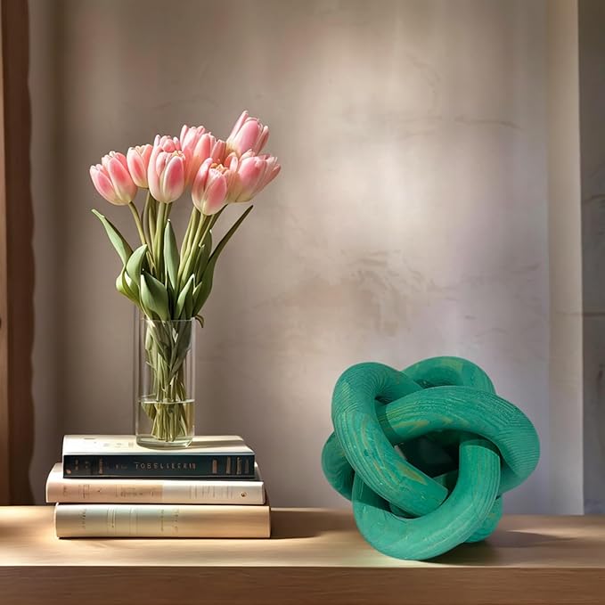 Wood Knot Decor -Coffee Table Decor Shelf Decor Table Books Hand Carved Home Decoration Boho Country Rustic Modern Shabby Chic Style 3 Link Wooden Knot Chain Link Decor (Green)