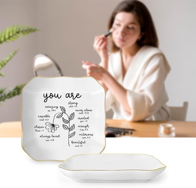 Christian Religious Bible Verse Gifts for Women, Ceramic Jewelry Dish Tray, Trinket Dish, Scripture Inspirational Motivational Gifts for Women Friend Sister Bestie