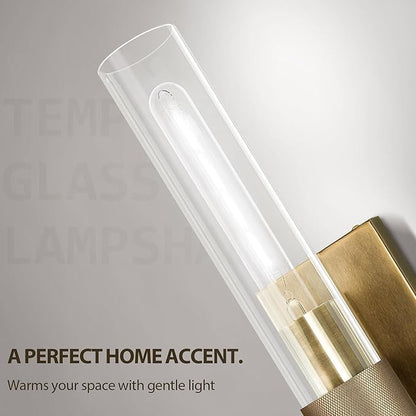 22.8" Knurled Brass Wall Sconces, 2-Light Dimmable Modern Lamp Lighting, Bronze Wall Lighting with Glass, Gold Vanity Light Fixtures Tube Sconce for Bedroom, Living Room, Hallway, Mirror, Kitchen