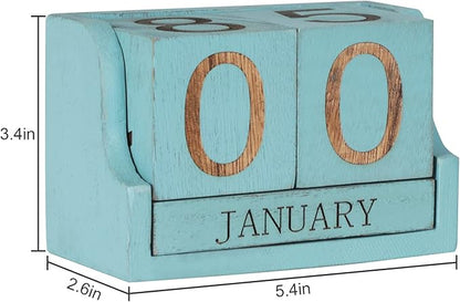 Wooden Desk Calendar,Desk Calendar Blocks for Teachers,Office Perpetual Date Block Small Home Desktop Decor Chic Vintage Month with Number Cubes Display Rustic Decoration(Ocean Blue)