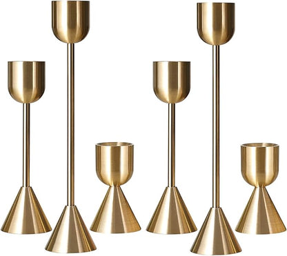 Brass Gold Candlestick Holder - Set of 6 Taper Candle Holder, Vintage Decorative Centerpiece for Table Mantel Wedding Housewarming Gift