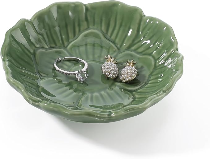 Flower Ring Dish Holder,Jewelry Dish Tray,Small Trinket Tray,Jewelry Plate Bowl,Key Bowl,Decorative Plate,Birtdhay Christmas Gifts for Women Friends,Ceramic Green