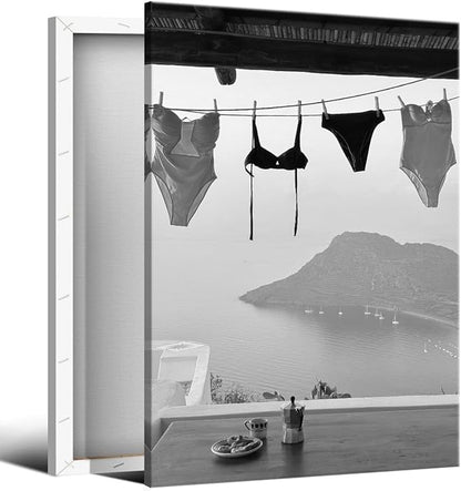 Black and White Photography Canvas Wall Art, Summer Coastal Hanging Bikini Aesthetic Poster, Vintage Trendy Beach Landscape Picture, Museum Photo Art Coastal Print for Bedroom 12x16in Wrapped Canvas