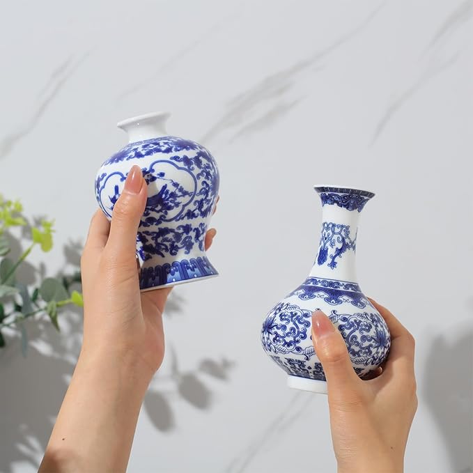 Dandat 8 Pcs Mini Chinoiserie Bud Vases Ceramic Blue and White Floral Chinese Porcelain Vase Set for Shelf Table Centerpieces Home Decor(Fresh)
