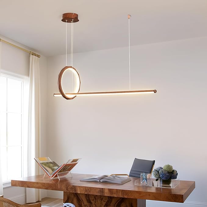 HEYAN 43" Farmhouse Pendant Light in Walnut Wood Finish, Light Fixtures Over Table，Single Multi-Faceted Metal Ring Long Linear Kitchen Island Lighting for Dining Room Table Coffee Bar Counter