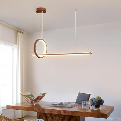 HEYAN 43" Farmhouse Pendant Light in Walnut Wood Finish, Light Fixtures Over Table，Single Multi-Faceted Metal Ring Long Linear Kitchen Island Lighting for Dining Room Table Coffee Bar Counter