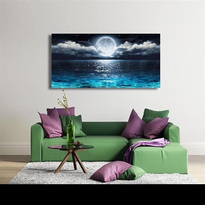 Wall Art Moon Sea Ocean Landscape Picture Canvas Wall Art Print Paintings Modern Artwork for Living Room Wall Decor and Home Décor Framed Ready to Hang,28x57inches,1inch Thick Frame,Waterproof Artwork