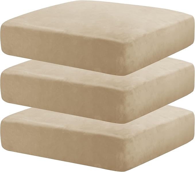 MAXIJIN Velvet Stretch Cushion Covers Fitted Couch Cushion Slipcovers Sofa Seat Cushion Covers for Individual Cushions with Elastic Bottom (3 Piece Sofa Seat Slipcovers, Camel)
