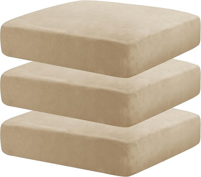 MAXIJIN Velvet Stretch Cushion Covers Fitted Couch Cushion Slipcovers Sofa Seat Cushion Covers for Individual Cushions with Elastic Bottom (3 Piece Sofa Seat Slipcovers, Camel)
