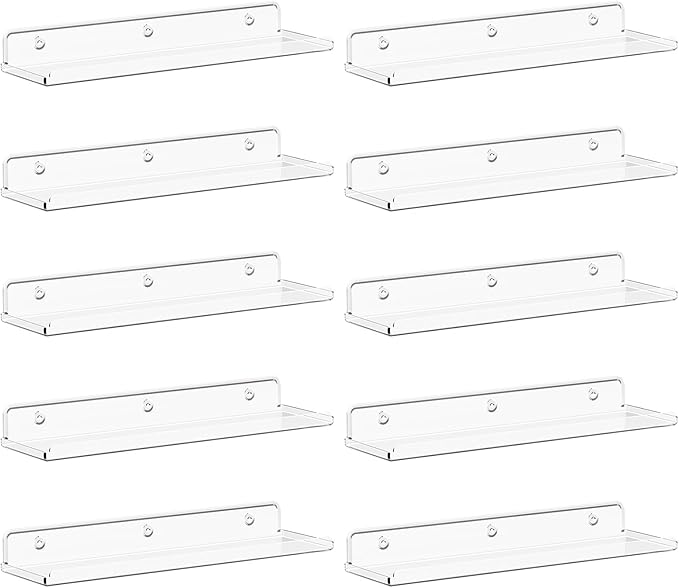 Lifewit Floating Shelves for Bathroom, 15" Acrylic Wall Organizer for Perfume, Makeup, Figures, Nail Polish, Photo, Book, Decor Display Rack for Nursery, Living Room, Bedroom, Kitchen, Clear, 10 Pack