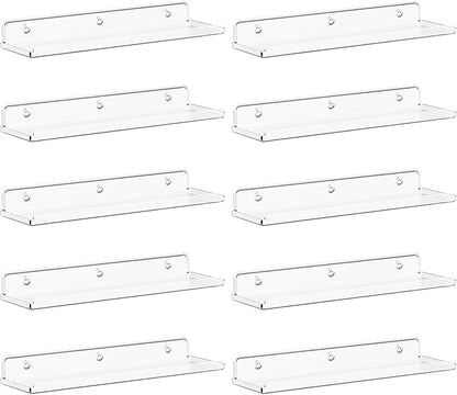 Lifewit Floating Shelves for Bathroom, 15" Acrylic Wall Organizer for Perfume, Makeup, Figures, Nail Polish, Photo, Book, Decor Display Rack for Nursery, Living Room, Bedroom, Kitchen, Clear, 10 Pack