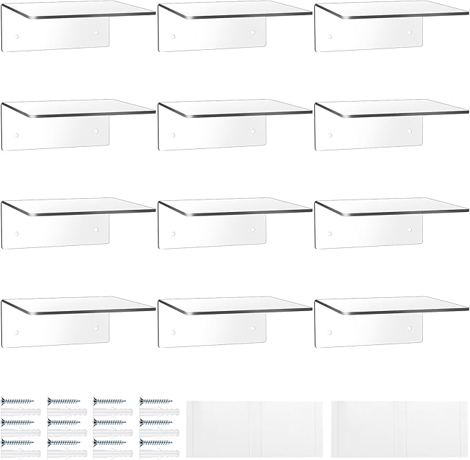 Wenqik Acrylic Floating Shelves for Wall 6 x 6 Inch Display Wall Shelf Clear Hanging Shelves with Adhesive Tape and Screw for Bathroom Bedroom Living Room Office Storage Decoration(12 Packs)