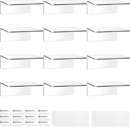Wenqik Acrylic Floating Shelves for Wall 6 x 6 Inch Display Wall Shelf Clear Hanging Shelves with Adhesive Tape and Screw for Bathroom Bedroom Living Room Office Storage Decoration(12 Packs)