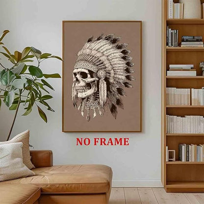 Native American Pictures Indian Chief Painting Skulls And Feathers Wall Art Ethnic Skulls Sheik Wall Art Tribal Indian Chief Poster Skull Pictures Vintage Halloween Living Room Decor 16x24in No Frame