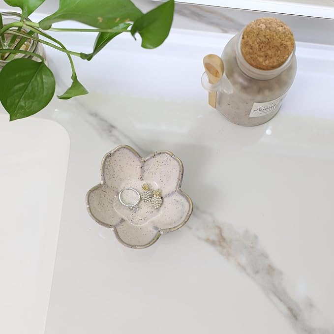 Flower Ring Dish Holder,Jewelry Dish Tray,Small Trinket Tray,Jewelry Plate Bowl,Key Bowl,Decorative Plate,Birtdhay Christmas Gifts for Women Friends,Ceramic Kiln effect Grey