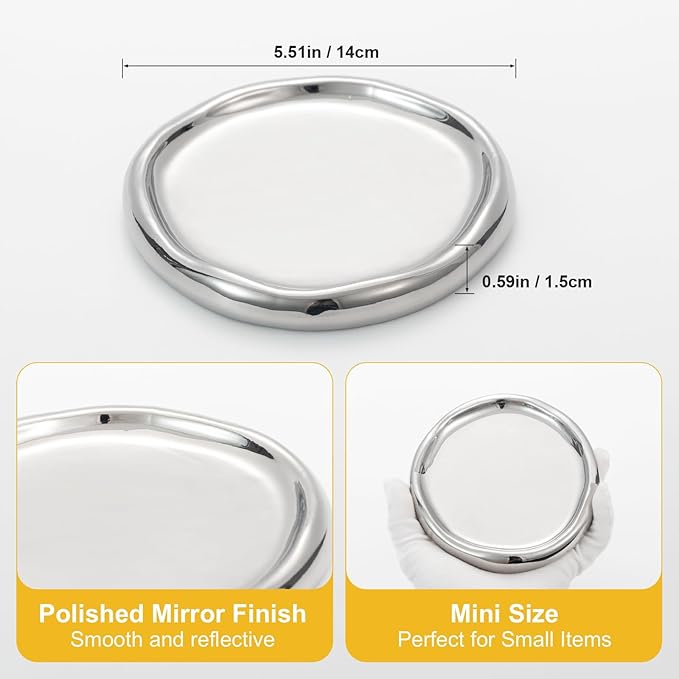 Silver Ceramic Round Jewelry Tray, Classic Round-Shaped Trinket Dish for Rings/Earrings/Keys/Perfume, Minimalist Vanity Tray & Key Tray Organizer, Gift for Mother’s Day/Birthday/Christmas