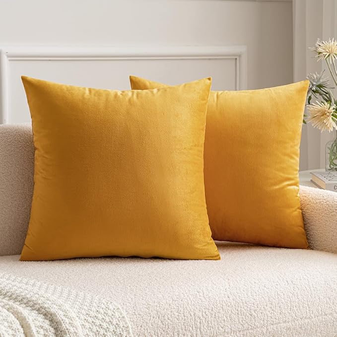 MIULEE Velvet Throw Pillow Covers 16x16 Inch, Pack of 2 - Gold, Soft Solid Decorative Pillow Covers Cushion Cases Modern Luxury Home Decor for Couch Sofa Bedroom Livingroom