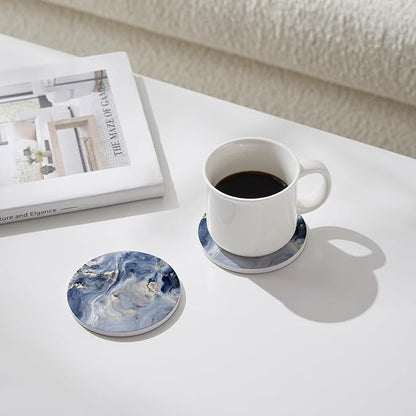 Set of 6 Abstract Navy Blue Marble Coasters with Holder, Absorbent Ceramic Drink Coasters for Table Protection, Housewarming Gifts for New Home