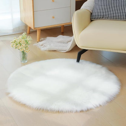 Faux Fur Rug Sheepskin Fuzzy Rug Super Soft Fluffy Plush Area Rug Bedroom Floor Children's Room Sofa Cushion Living Room Bedside Rugs (White,3×3 ft Rotund)