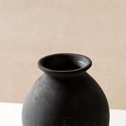 Black Ceramic Flower Vase, 9.17 Inch Pottery Rustic Vase for Shelf,Tabletop, Vintage Farmhouse Home Decor for Coffee Table, Living Room,Mantle, Fireplace, Entryway