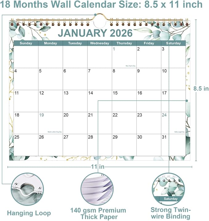 2026 Calendar, Wall Calendar 2026 from January 2026 - June 2027, 18 Months Calendar with Premium Paper, Twin-Wire Binding & Hanging Hook, 8.5" x 11", Green Leaf