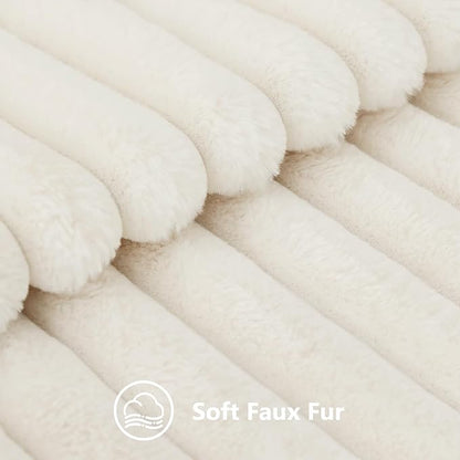 decorUhome Faux Fur Spring Throw Pillow Covers 22x22 Set of 2, Decorative Soft Plush Striped Neutral Couch Euro Sham Pillow Covers with Velvet Back for Sofa, Bed, Living Room Home, Cream White