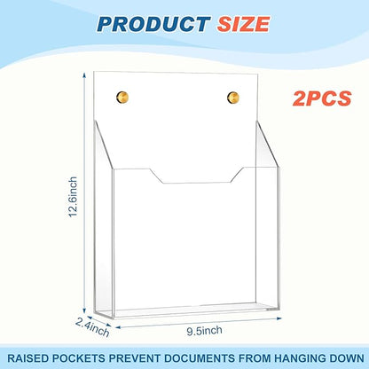 2Pcs Clear Acrylic File Holder Wall Mount Mail Magazine Organizer File Holders with Screw Wall Pocket Office Document Storage Rack Magazine Letter Brochure(12.6"x9.5"x2.4",Vertical)