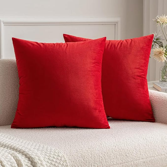 MIULEE Pack of 2 Christmas Bright Red Velvet Throw Pillow Covers 18x18 Inch Soft Solid Decorative Square Cushion Cases for Couch Sofa Bedroom