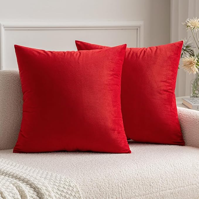 MIULEE Pack of 2 Christmas Bright Red Velvet Throw Pillow Covers 22x22 Inch Soft Solid Decorative Square Cushion Cases for Couch Sofa Bedroom