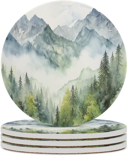 Round-4PCS Forest Ceramic Coasters, Round Absorbent Drink Coasters, Watercolor Style Nature Woodland Green Forest Mountain Plant Ceramic Table Coasters for Coffee, Beverage, Wine, Beer Coasters