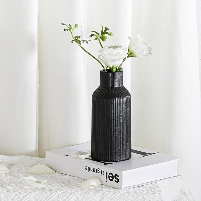 Bohemian Black Ceramic Vase - for Pampas Grass, Mantel, Bookshelf, Entryway and Living Room Decor (Black, 8in)