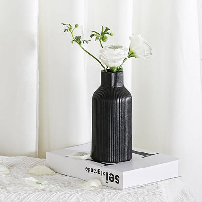 Bohemian Black Ceramic Vase - for Pampas Grass, Mantel, Bookshelf, Entryway and Living Room Decor (Black, 8in)