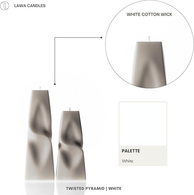 LAWA Twisted Pyramid Candle - Beautiful Handmade Pillar Soy Wax Elegant Aesthetic Candle Housewarming Gift Home Room Shelf Decor Idea (Set of 2) (White)