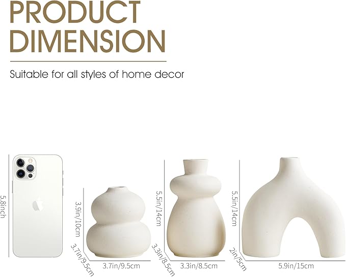 White Ceramic Vase Set of 3 Small Flower Vases for Home Decor, Modern BohoVase for Pampas Grass, Round Decorative Vases Table Centerpieces for Wedding Living Room Shelf Coffee Table (White Vase - B)