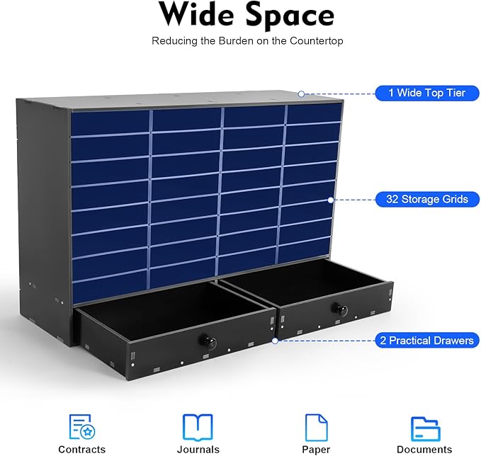 Literature Organizer with 32 Compartments | Adjustable Desktop File Sorter Mail Center for Home, Office & Classroom | PVC Paper Storage Cabinet with 2 Drawers and Shelves, Black