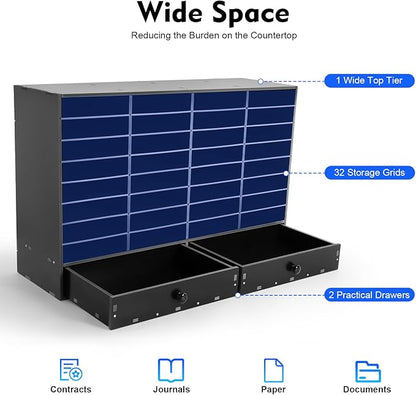 Literature Organizer with 32 Compartments | Adjustable Desktop File Sorter Mail Center for Home, Office & Classroom | PVC Paper Storage Cabinet with 2 Drawers and Shelves, Black