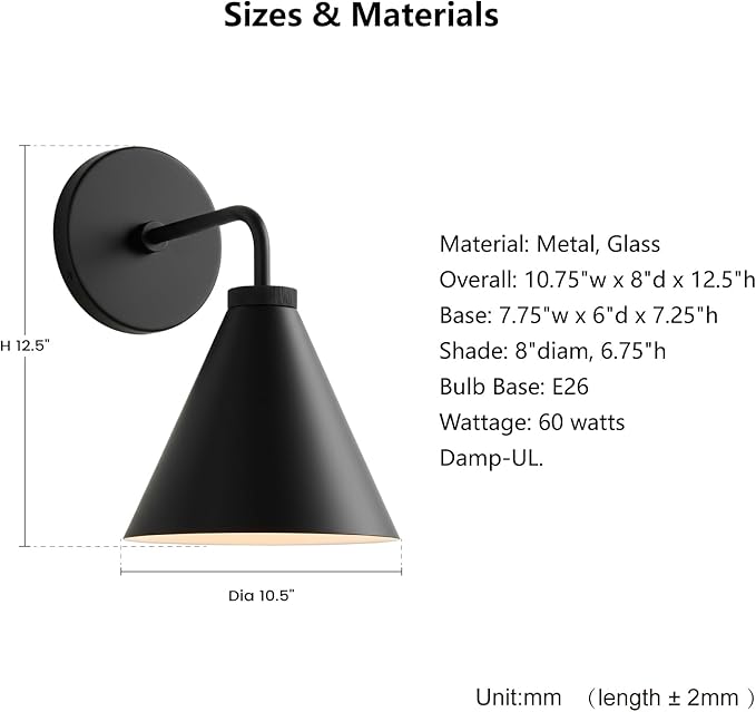 Retro Industrial Metal Cone Sconce Light - Vintage Inspired Modern Black Wall Sconce with Metal Shade, Wall Mount Lighting for Bedroom, Hallway, Living Room (10.5“W x 10.5" L x 12.5" H Black)