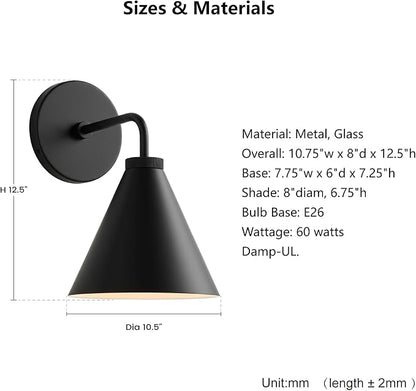 Retro Industrial Metal Cone Sconce Light - Vintage Inspired Modern Black Wall Sconce with Metal Shade, Wall Mount Lighting for Bedroom, Hallway, Living Room (10.5“W x 10.5" L x 12.5" H Black)