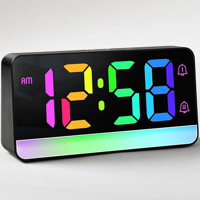 MASHI Loud Alarm Clock for Heavy Sleepers,Digital Clock with 12 Color NightLight,Adjustable Volume,Dynamic RGB Color, Snooze, DST Bedrooms Bedside,ok to Wake for Kids,Teens