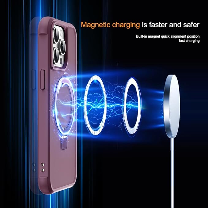Compatible with iPhone 15 Pro Max Case with Invisible Magnetic O-Ring Stand Military-Grade Translucent Case for iPhone 15 ProMax 6.7" [Compatible with Mag-Safe][Great Grip Feeling], Wine Red