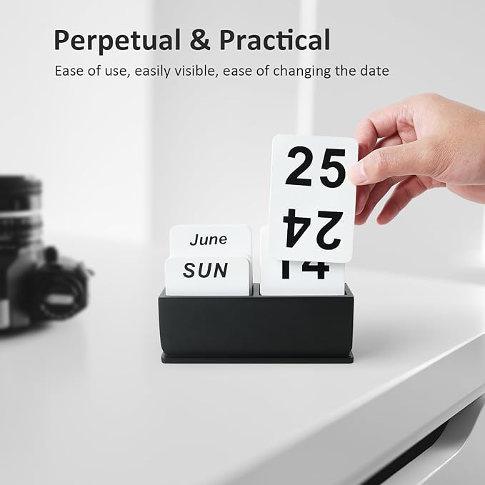 Wooden Block Perpetual Calendar for Desk, Daily Desktop Standing Flip Calendar with Large Display, Modern Farmhouse Aesthetic Desk Accessories for Home Office Decor, Reusable Yearly, Black