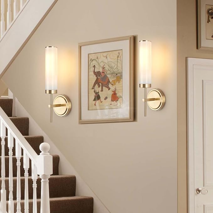 Wall Sconces Set of Two,Modern Bathroom Sconces Wall Lighting with Opal White Glass Shade,60W 16" Gold Sconces Wall with Clear Glass Shade for Living Room Corridor Mirror Bedroom Stairs
