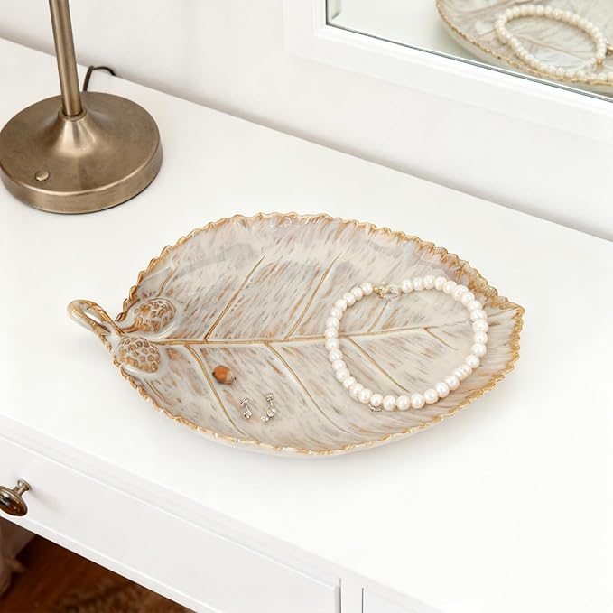 Ceramic Jewelry Dish, Decorative Tray for Rings Earrings Necklaces Bracelet Watch Keys, 4.50" Trinket Tray as Gifts for Women (Reactive Leaf)