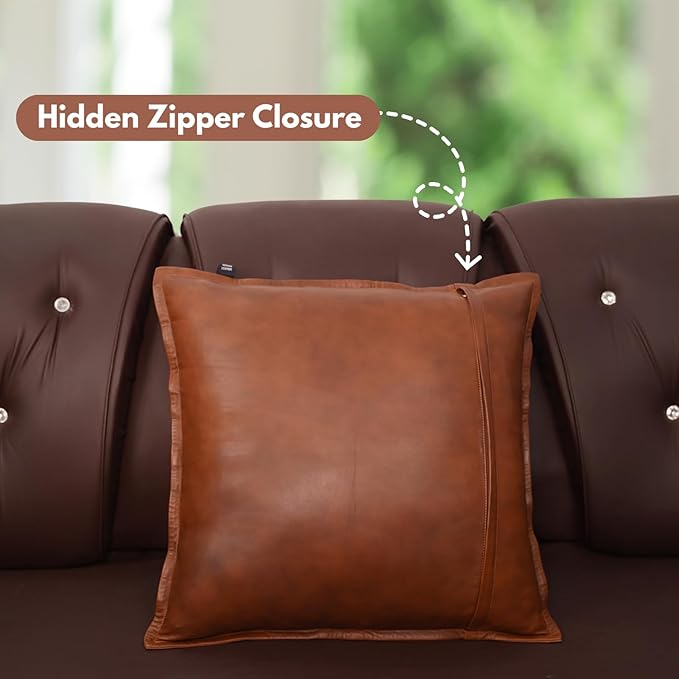 D DOLLY LAMB Lambskin Leather Pillow Cover - Sofa Cushion Case - Decorative Throw Covers for Living Room & Bedroom, 16x16 Inches - Dark Tan Box