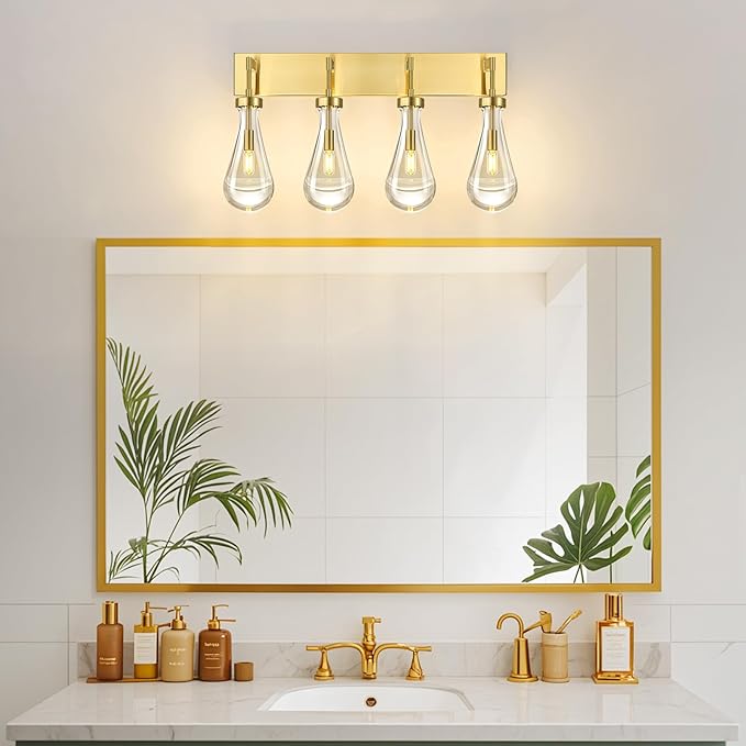 Raindrop Wall Sconces Gold Crystal Sconces Wall Decor Modern Lighting Glass Bathroom Sconces Indoor Vanity Light Wall Lamp for Bedroom Living Room Stair(4-Light)