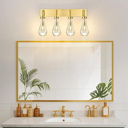 Raindrop Wall Sconces Gold Crystal Sconces Wall Decor Modern Lighting Glass Bathroom Sconces Indoor Vanity Light Wall Lamp for Bedroom Living Room Stair(4-Light)