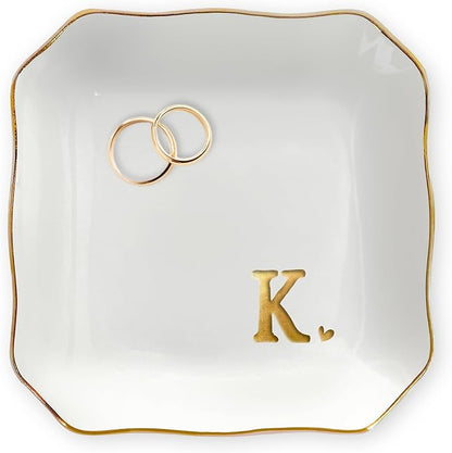 OASSIE Valentines Day Gifts for Her - 4"x4" Initials Ceramic Jewelry Dish Tray Letter K - Engagement Wedding Bridal Shower Gifts for Bride, Bridesmaid Gift, Birthday Gift for Women Teacher Friend